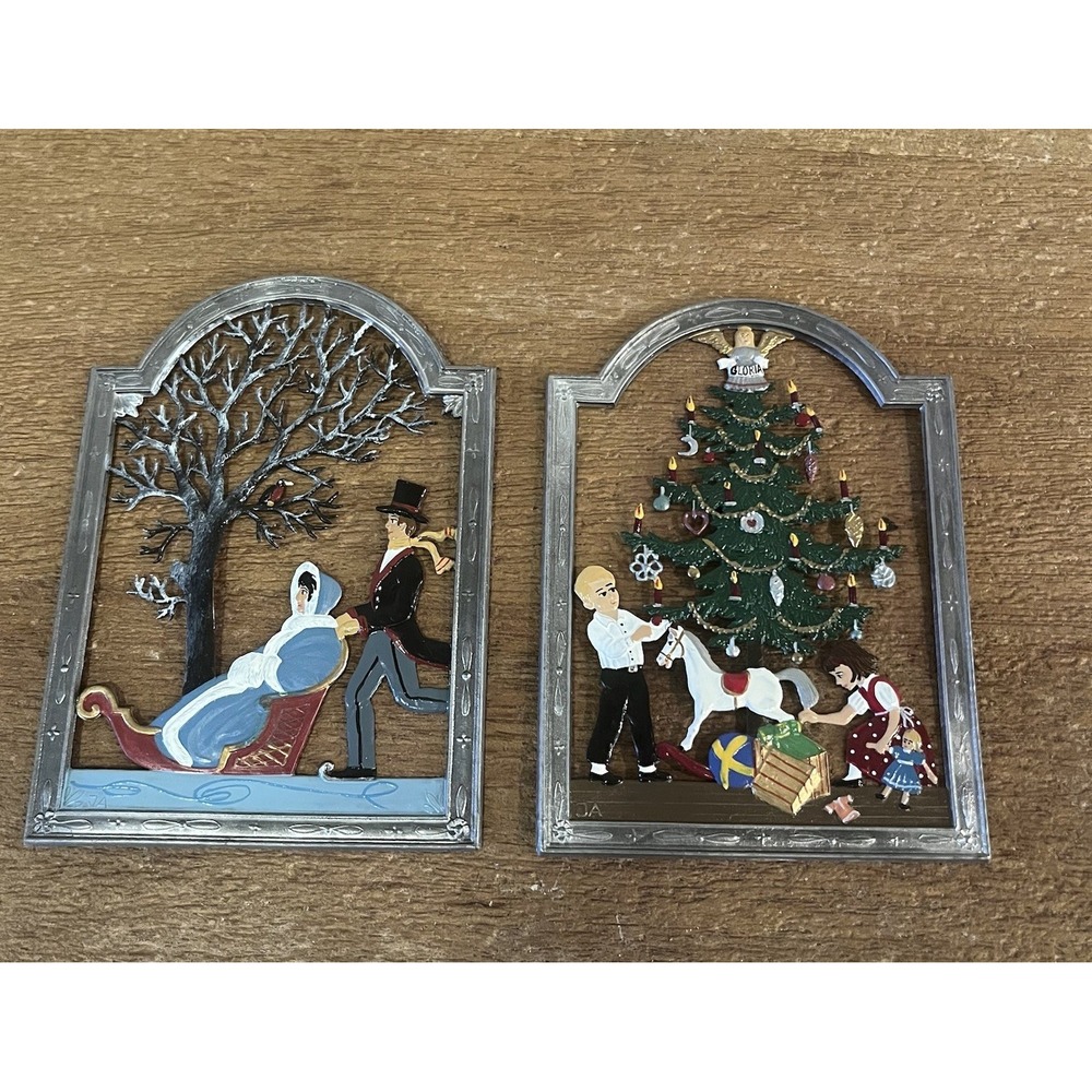 VTG Wilhelm Schweizer German Pewter Christmas Window Hangings Hand Painted Set/2